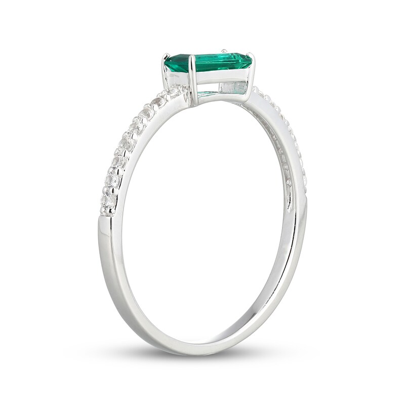 Main Image 2 of Baguette-Cut Lab-Created Emerald & White Lab-Created Sapphire Ring Sterling Silver