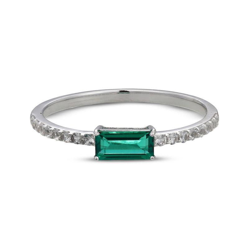 Main Image 3 of Baguette-Cut Lab-Created Emerald & White Lab-Created Sapphire Ring Sterling Silver