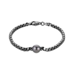 Men's Tahitian Cultured Pearl Box Chain Bracelet Black Rhodium-Plated Sterling Silver 8.5&quot;