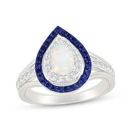 Pear-shaped Lab-Created Opal, Blue & White Lab-Created Sapphire Ring Sterling Silver
