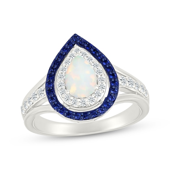 Pear-shaped Lab-Created Opal, Blue & White Sapphire Ring Sterling Silver