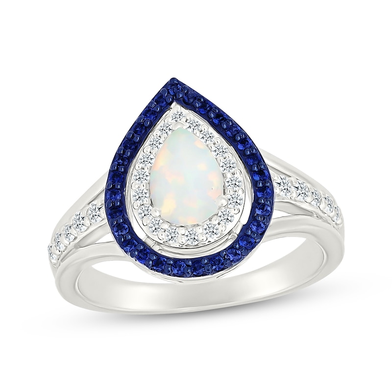 Main Image 1 of Pear-shaped Lab-Created Opal, Blue & White Lab-Created Sapphire Ring Sterling Silver