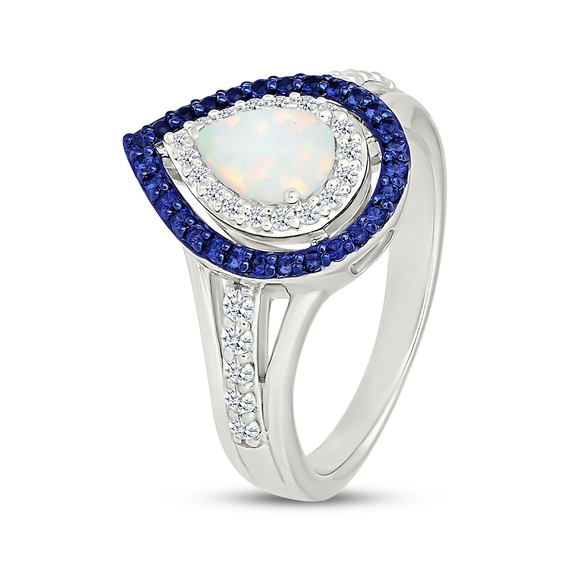 Main Image 2 of Pear-shaped Lab-Created Opal, Blue & White Lab-Created Sapphire Ring Sterling Silver