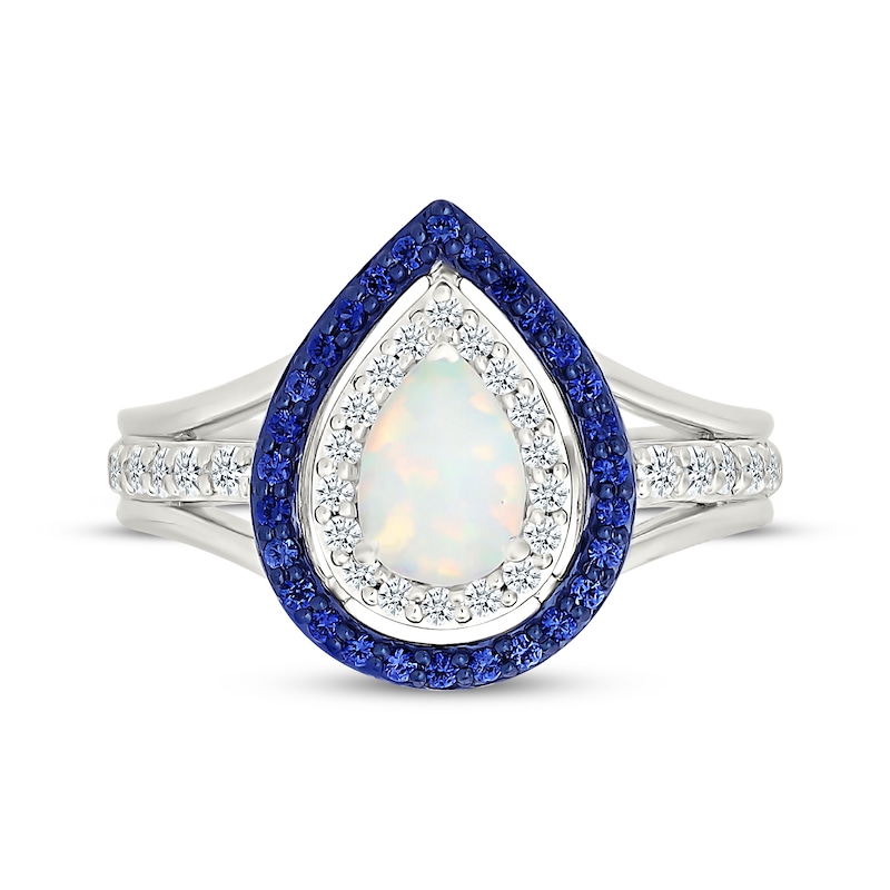 Main Image 4 of Pear-shaped Lab-Created Opal, Blue & White Lab-Created Sapphire Ring Sterling Silver