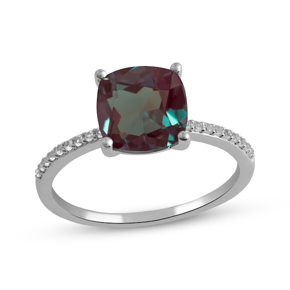 Cushion-Cut Lab-Created Alexandrite & White Lab-Created Sapphire Ring Sterling Silver