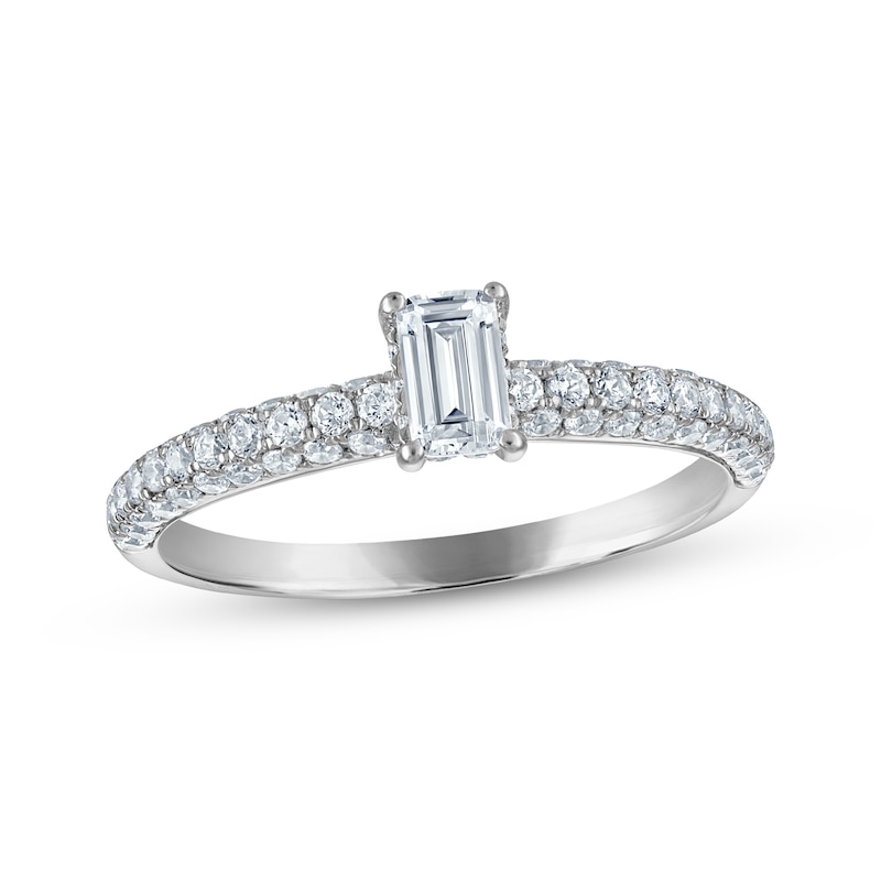 Main Image 1 of Adore Emerald-Cut Diamond Pavé Shank Engagement Ring 1 ct tw 14K White Gold