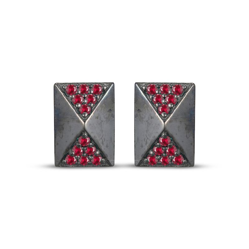 Main Image 2 of Men's Lab-Created Ruby Rectangle Stud Earrings Antique Finished Sterling Silver