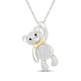 White & Black Diamond Teddy Bear Necklace 1/10 ct tw Sterling Silver & 10K Yellow Gold 18"