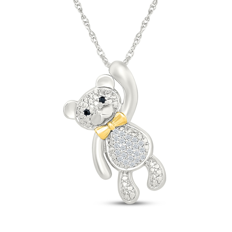 Main Image 1 of White & Black Diamond Teddy Bear Necklace 1/10 ct tw Sterling Silver & 10K Yellow Gold 18"