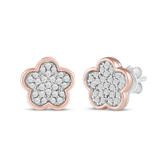 Barbie Diamond Flower Stud Earrings 1/6 ct tw Sterling Silver & 10K Rose Gold