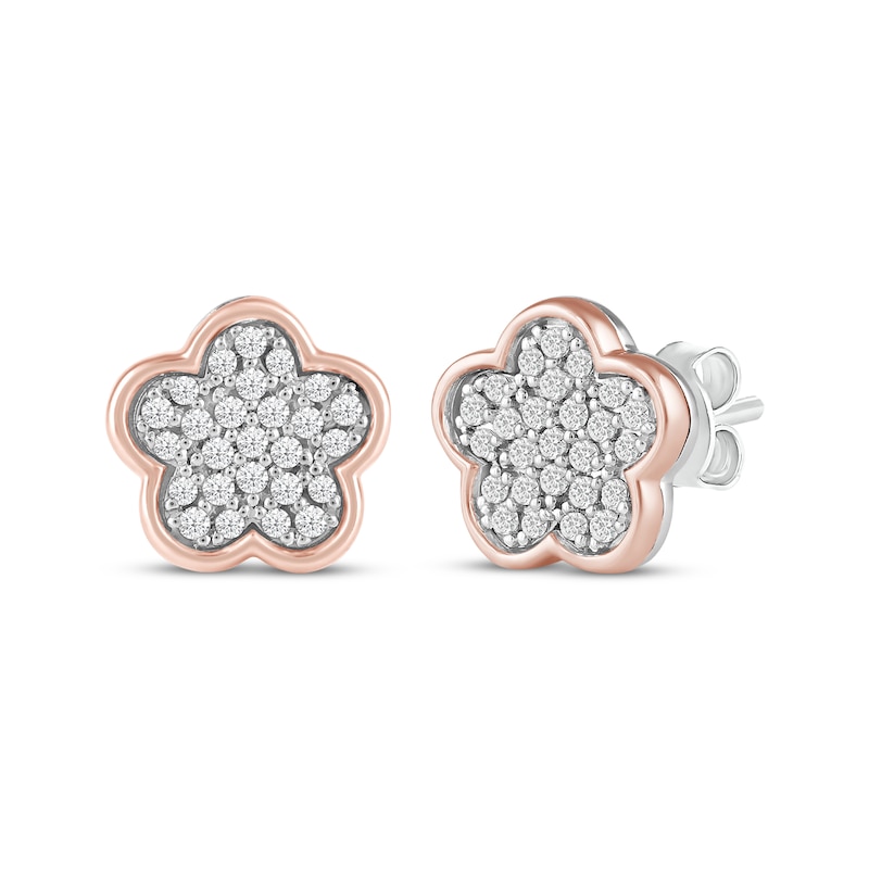 Main Image 1 of Barbie Diamond Flower Stud Earrings 1/6 ct tw Sterling Silver & 10K Rose Gold