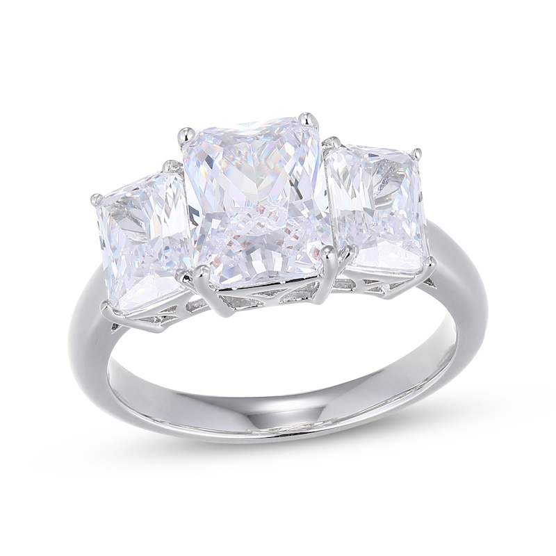 Main Image 1 of Emerald-Cut White Lab-Created Sapphire Three-Stone Ring Sterling Silver