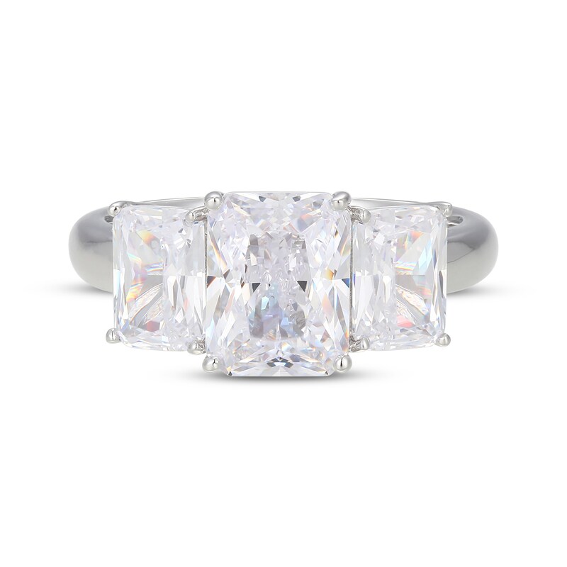 Main Image 3 of Emerald-Cut White Lab-Created Sapphire Three-Stone Ring Sterling Silver