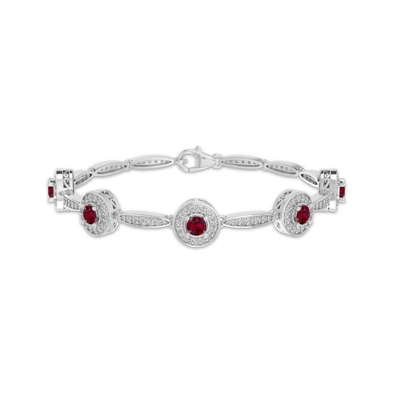 Main Image 1 of Lab-Created Ruby & White Lab-Created Sapphire Halo Station Bracelet Sterling Silver 7.25"