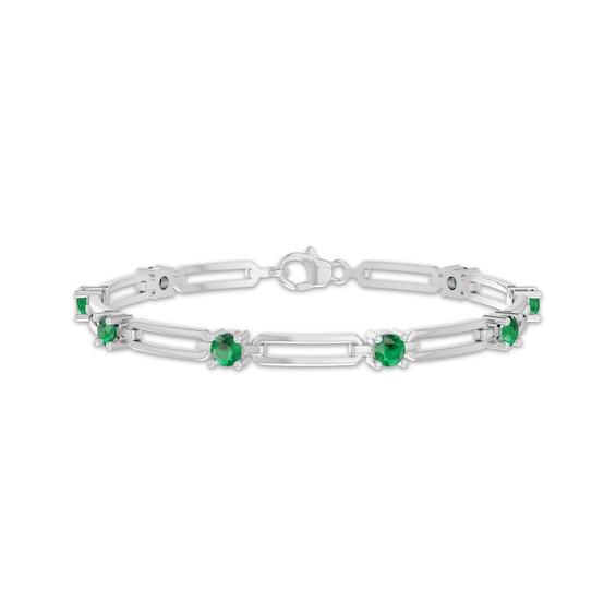Lab-Created Emerald Station Paperclip Link Bracelet Sterling Silver 7.25"