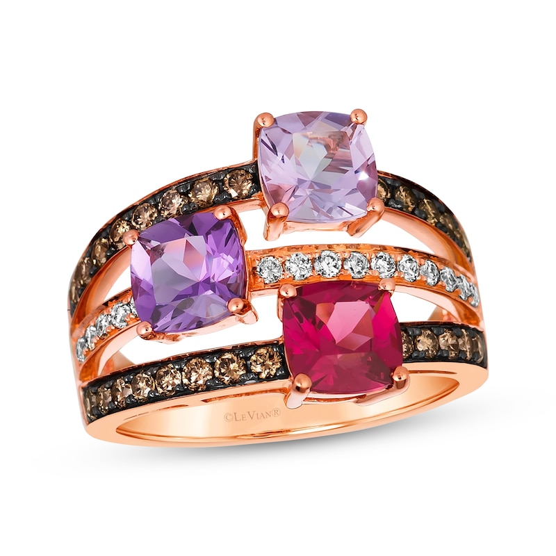 Main Image 1 of Le Vian Amethyst & Garnet Multi-Row Ring 5/8 ct tw Diamonds 14K Strawberry Gold