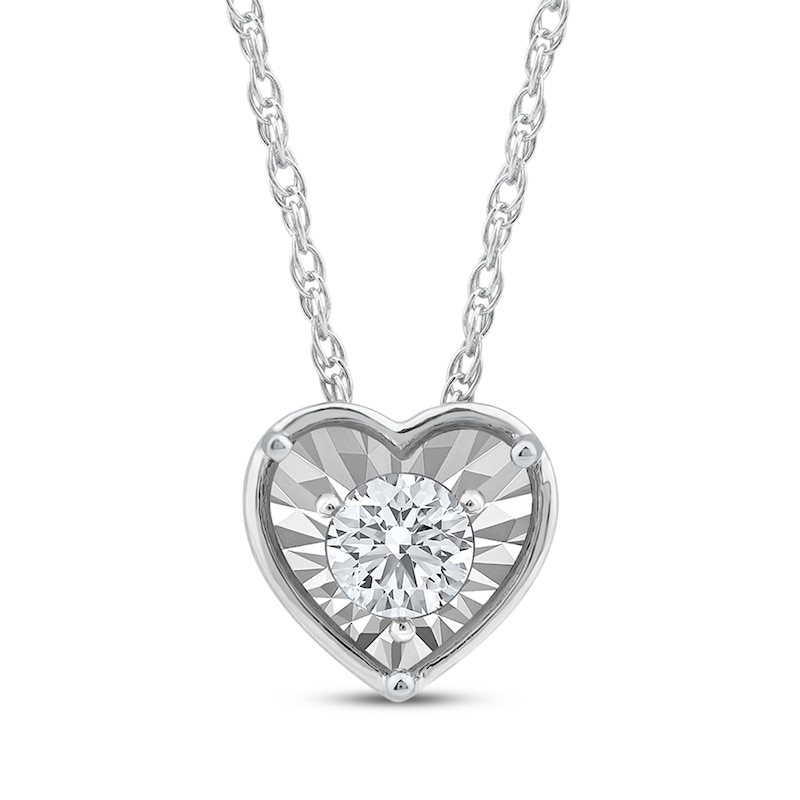 Main Image 1 of Round-Cut Diamond Solitaire Heart Frame Necklace 1/8 ct tw 10K White Gold (I/I3) 18"