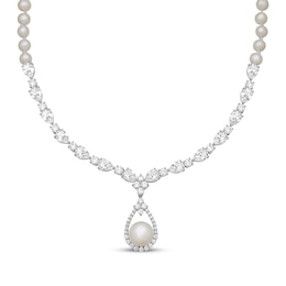Cultured Pearl & White Lab-Created Sapphire Necklace Sterling Silver 17"
