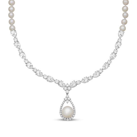 Cultured Pearl & White Lab-Created Sapphire Necklace Sterling Silver 17"