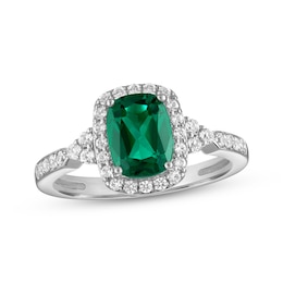 Cushion-Cut Lab-Created Emerald & White Lab-Created Sapphire Ring Sterling Silver