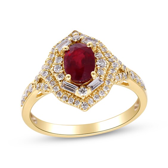 Oval-Cut Ruby & Diamond Starburst Frame Ring 3/8 ct tw 14K Yellow Gold