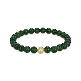 Nephrite Jade Bead Stretch Bracelet 18K Yellow Gold-Plated Sterling Silver 7.5"