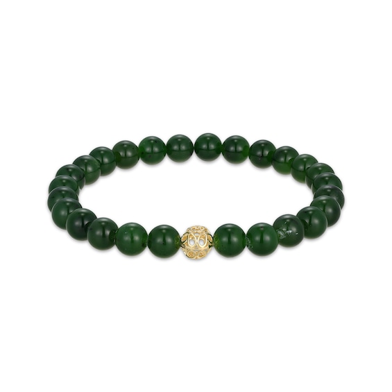 Nephrite Jade Bead Stretch Bracelet 18K Yellow Gold-Plated Sterling Silver 7.5"