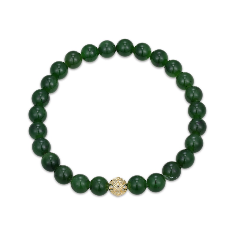 Main Image 2 of Nephrite Jade Bead Stretch Bracelet 18K Yellow Gold-Plated Sterling Silver 7.5"