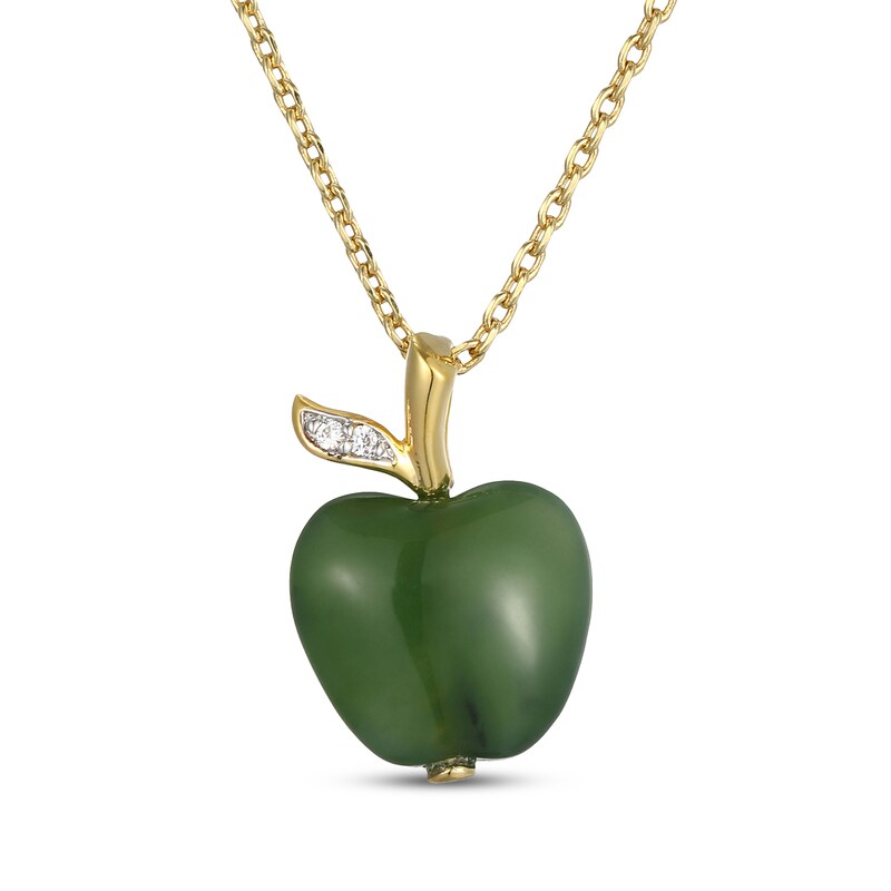 Main Image 1 of Nephrite Jade & White Lab-Created Sapphire Apple Necklace 18K Yellow Gold-Plated Sterling Silver 18"