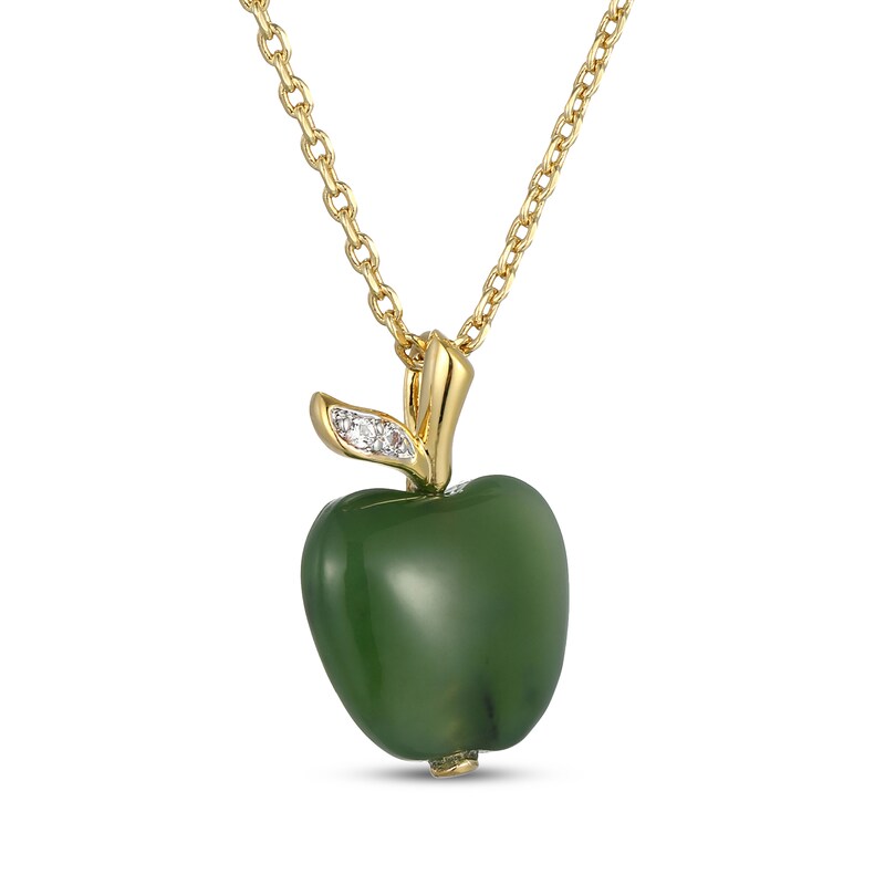 Main Image 2 of Nephrite Jade & White Lab-Created Sapphire Apple Necklace 18K Yellow Gold-Plated Sterling Silver 18"