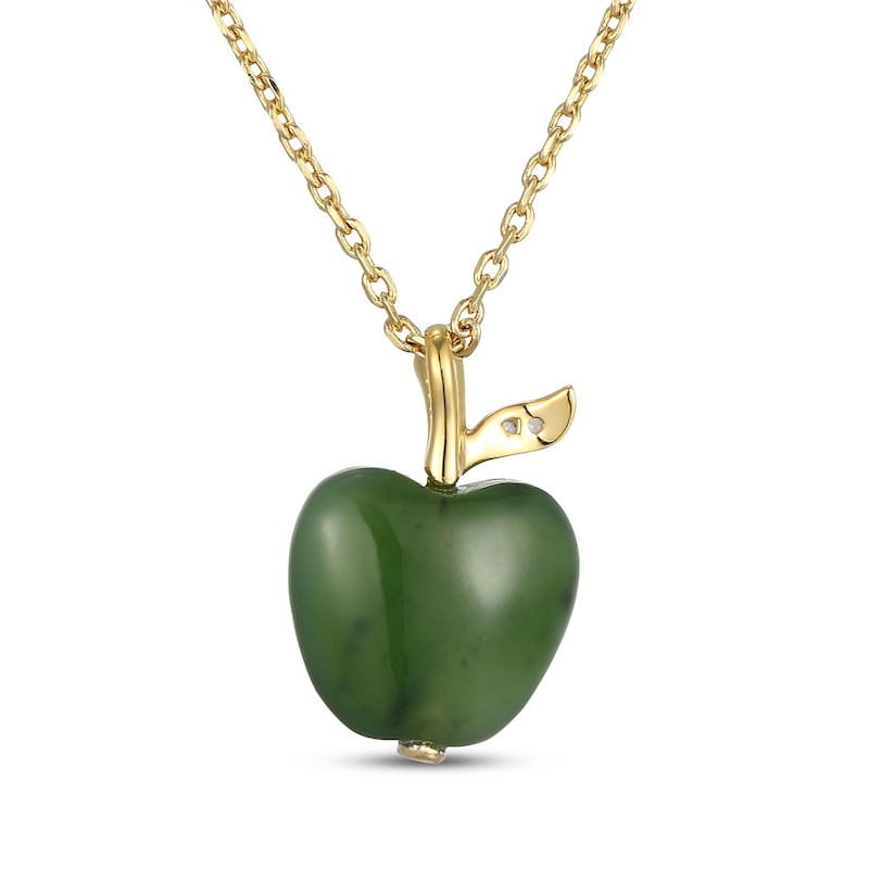 Main Image 3 of Nephrite Jade & White Lab-Created Sapphire Apple Necklace 18K Yellow Gold-Plated Sterling Silver 18"