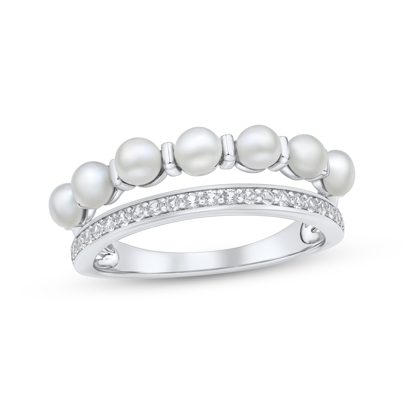 Main Image 1 of Cultured Pearl & White Lab-Created Sapphire Faux Stack Ring Sterling Silver