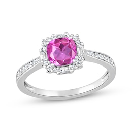 Cushion-Cut Pink Lab-Created Sapphire & White Lab-Created Sapphire Halo Ring Sterling Silver