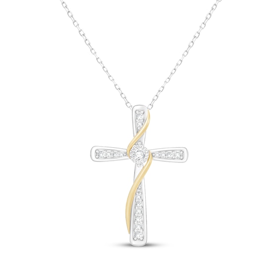 Diamond Sash Cross Necklace 1/4 ct tw Sterling Silver & 10K Yellow Gold 18"