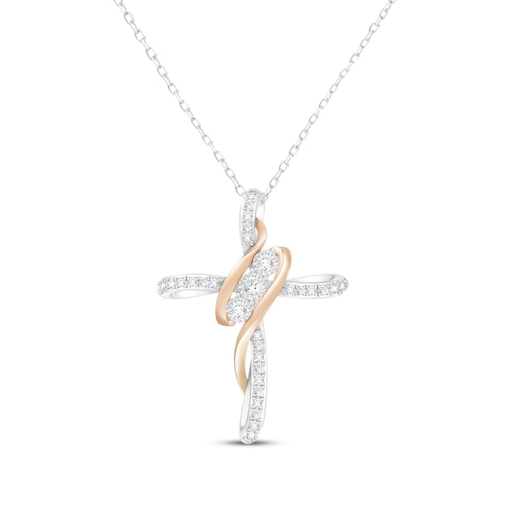 Diamond Cross Wave Necklace 1/4 ct tw Sterling Silver & 10K Rose Gold 18"