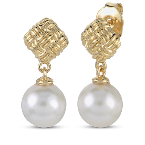 Cultured Pearl Woven Post Drop Earrings 10K Yellow Gold