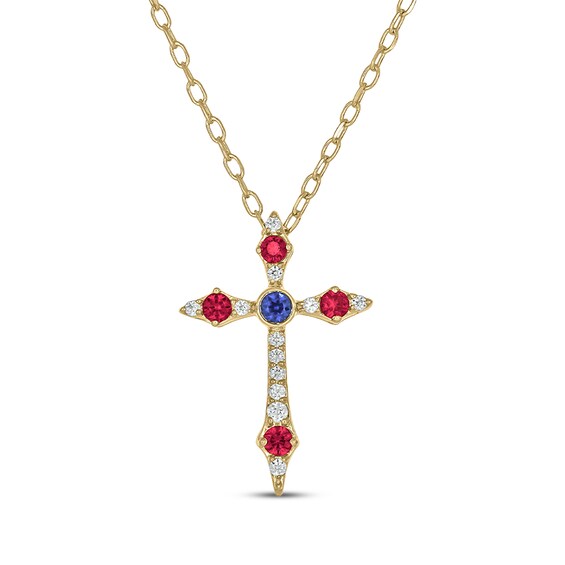 Patriotic Blue Lab-Created Sapphire, Lab-Created Ruby & Diamond Flared Cross Necklace 1/20 ct tw 24K Yellow Gold Vermeil Sterling Silver 18"