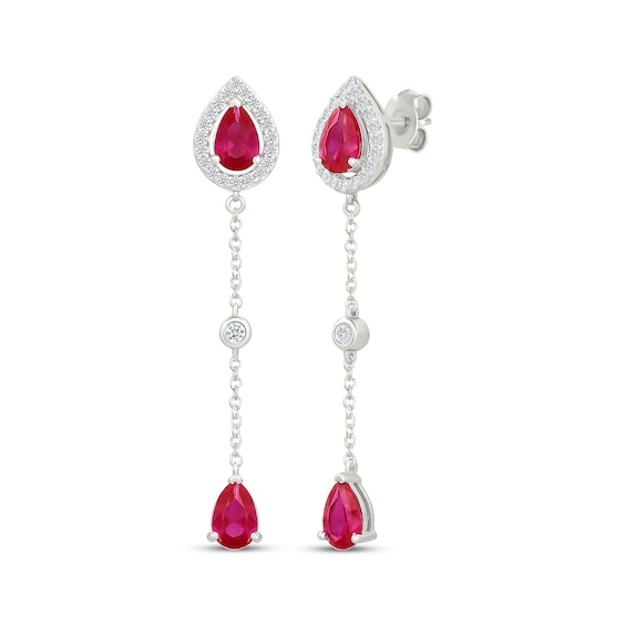 Pear-Shaped Lab-Created Ruby & White Lab-Created Sapphire Halo Chain Drop Earrings Sterling Silver