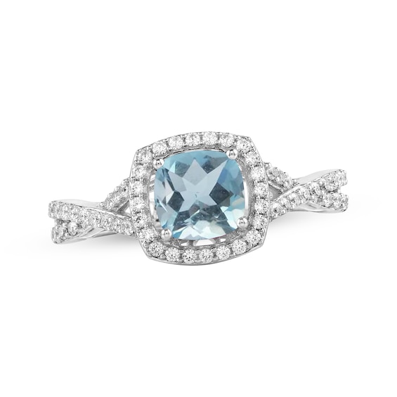 Cushion-Cut Natural Aquamarine & White Lab-Created Sapphire Halo Ring Sterling Silver
