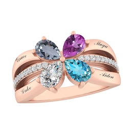 Pear Birthstone Family & Mother's Flower Design Ring (4 Stones and Lines)
