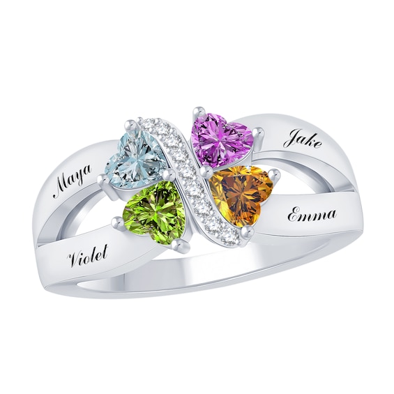 Family & Mother's Heart-Shaped Birthstone Swirl Ring (4 Stones and Lines)