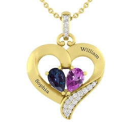 Pear Birthstone Couple's Heart Necklace (2 Stones and Lines)