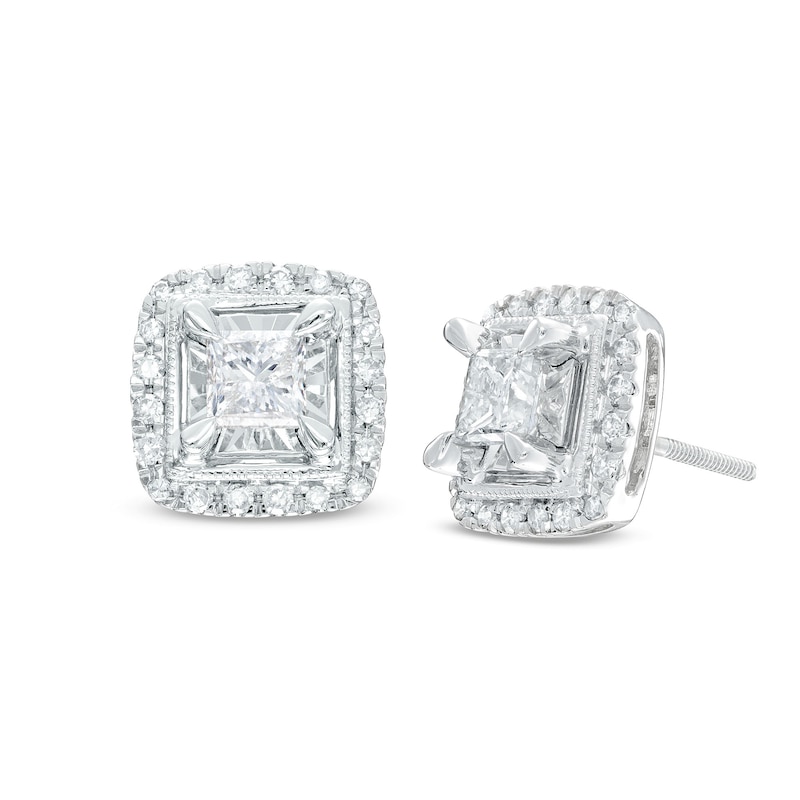 Main Image 1 of Diamond Stud Earrings 1 ct tw Princess & Round-cut 10K White Gold (J/I3)