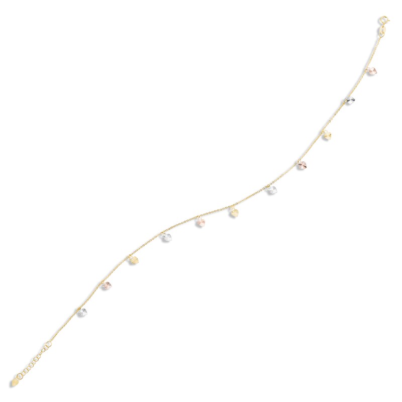 Diamond-Cut Heart Dangle Anklet 10K Tri-Tone Gold 10"