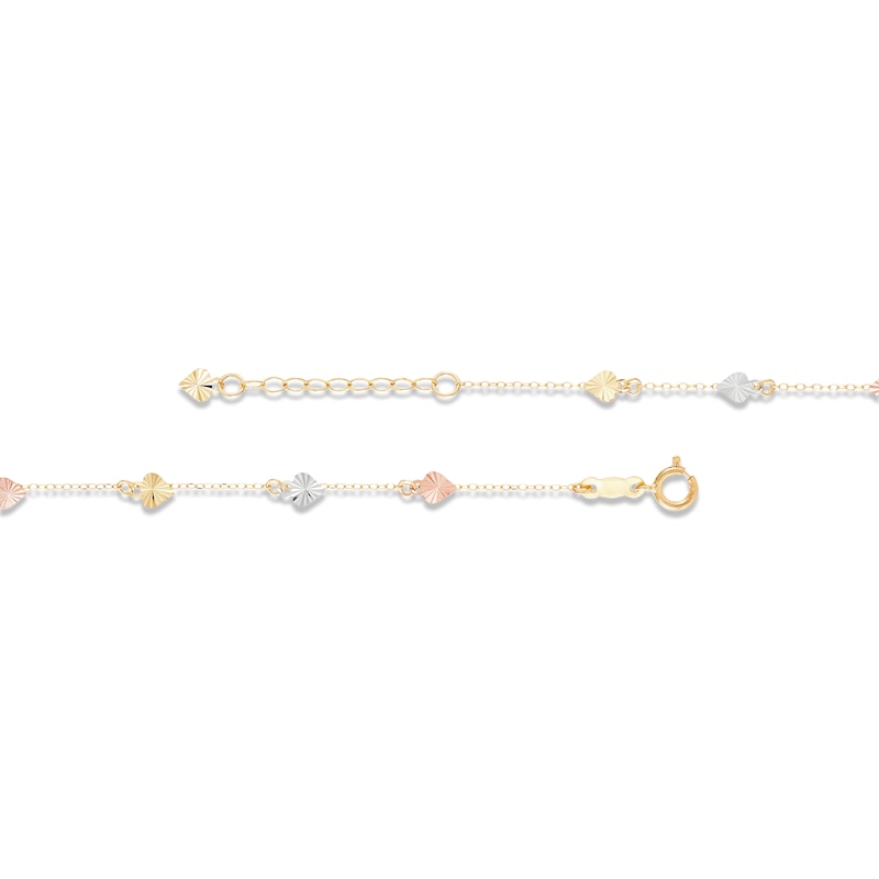 Diamond-Cut Heart Dangle Anklet 10K Tri-Tone Gold 10"