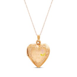 &quot;I Love You&quot; Floral Heart Locket with Enamel 14K Yellow Gold 18&quot;