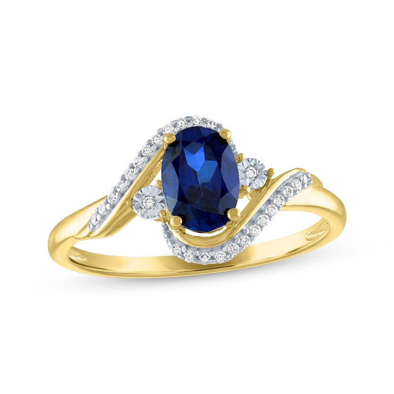 Oval-Cut Blue Lab-Created Sapphire & Diamond Bypass Ring 1/15 ct tw 10K Yellow Gold