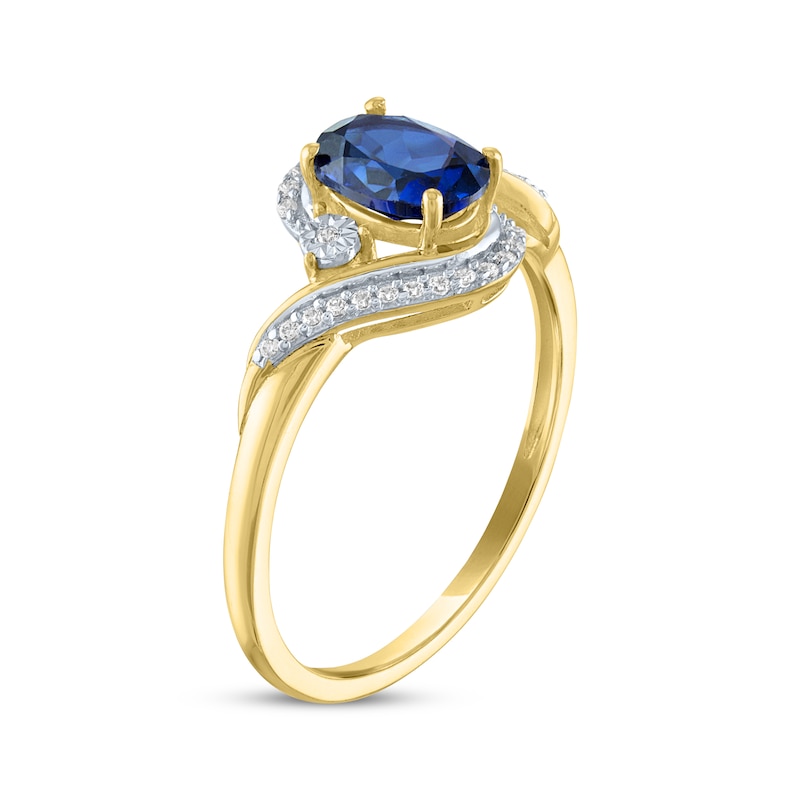 Oval-Cut Blue Lab-Created Sapphire & Diamond Bypass Ring 1/15 ct tw 10K Yellow Gold