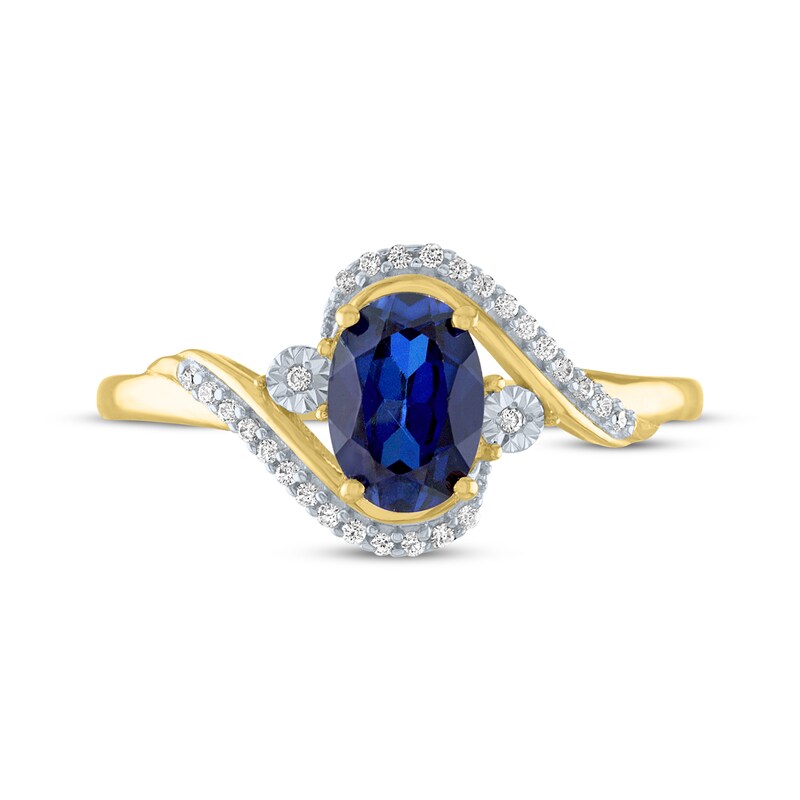 Oval-Cut Blue Lab-Created Sapphire & Diamond Bypass Ring 1/15 ct tw 10K Yellow Gold