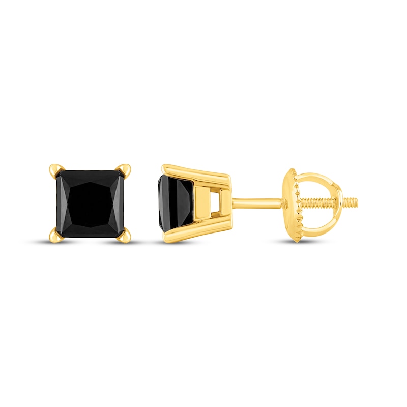 Main Image 3 of Princess-Cut Black Diamond Solitaire Stud Earrings 1 ct tw 14K Yellow Gold (I3)